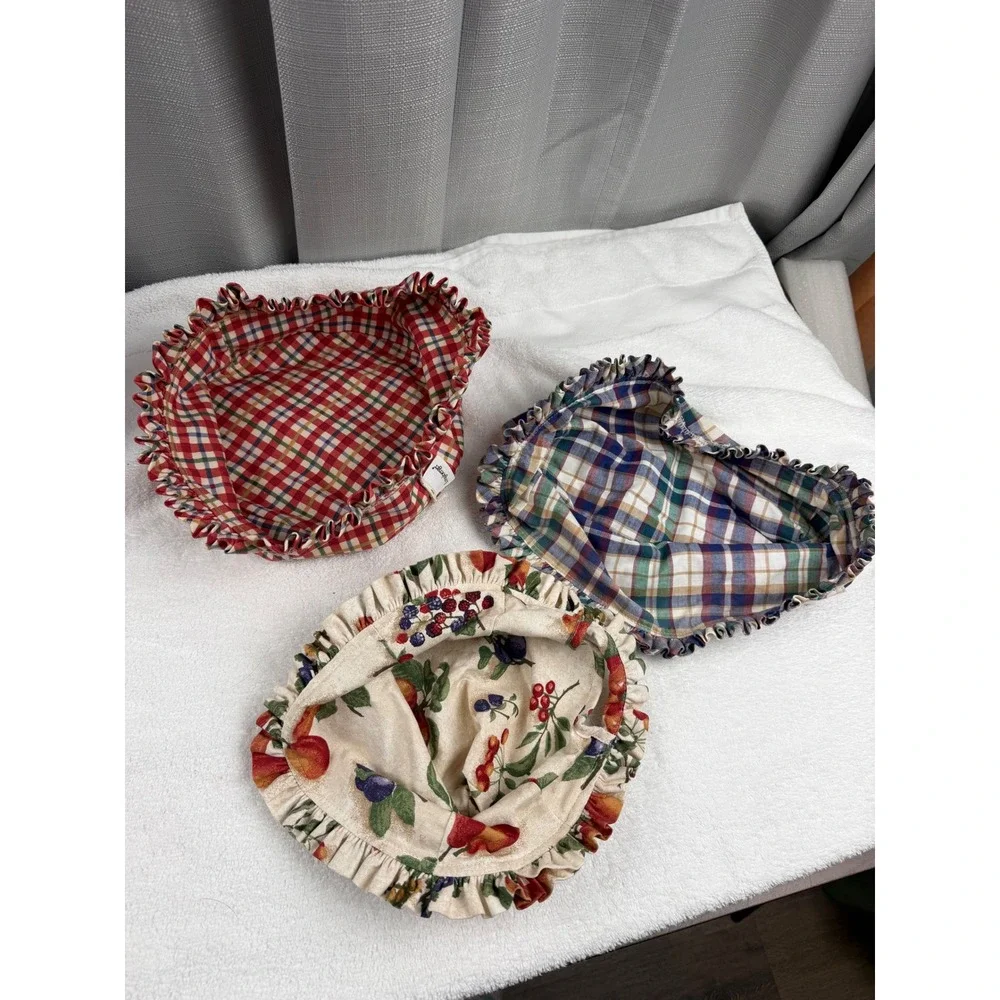 Longaberger Basket Liners Set of 3 Red Plaid Blue Green Plaid Fruit Print Ruffle